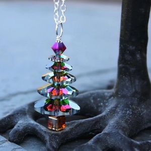 Holiday Rainbow Crystal Christmas Tree Necklace